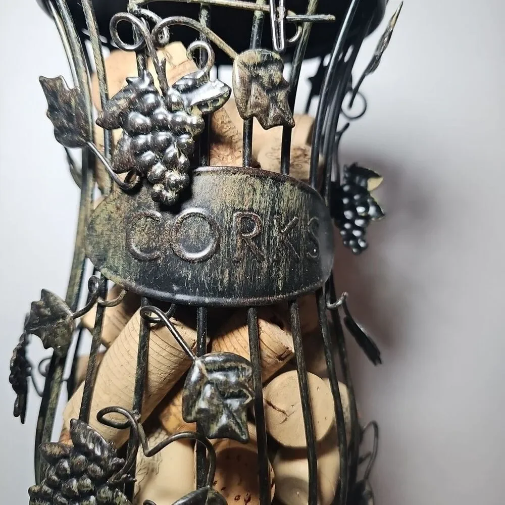 Decorative Art Wine Grapes Cork Cage Holder Hourglass Shaped Bronze with Corks